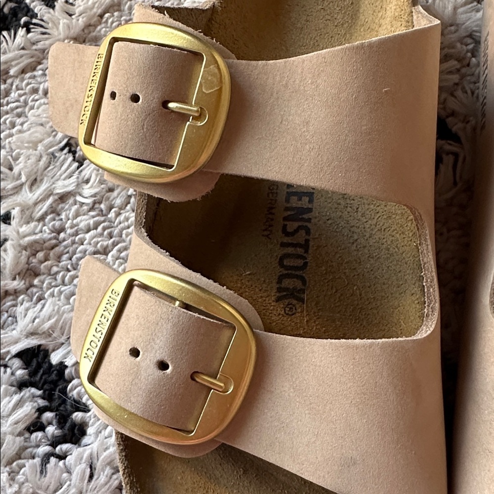 Birkenstock Two-Strap Sandals Beige with Gold Buckles - Picture 3 of 5